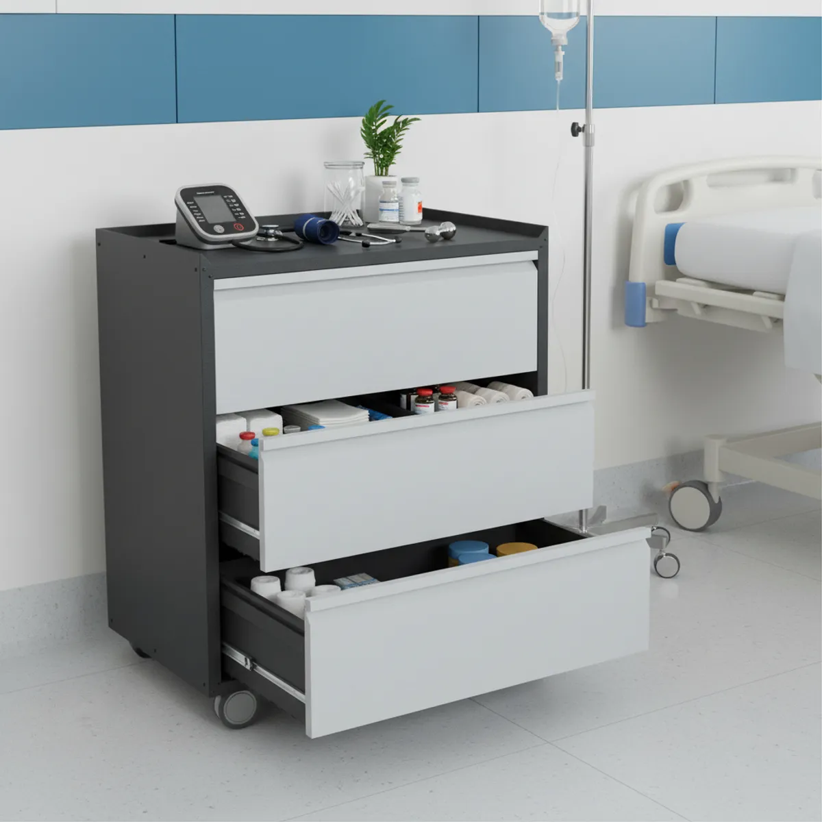 GENERICO - Gabinete Metálico Bajo con ruedas 3 cajones - Linea Black & Gray TC-10