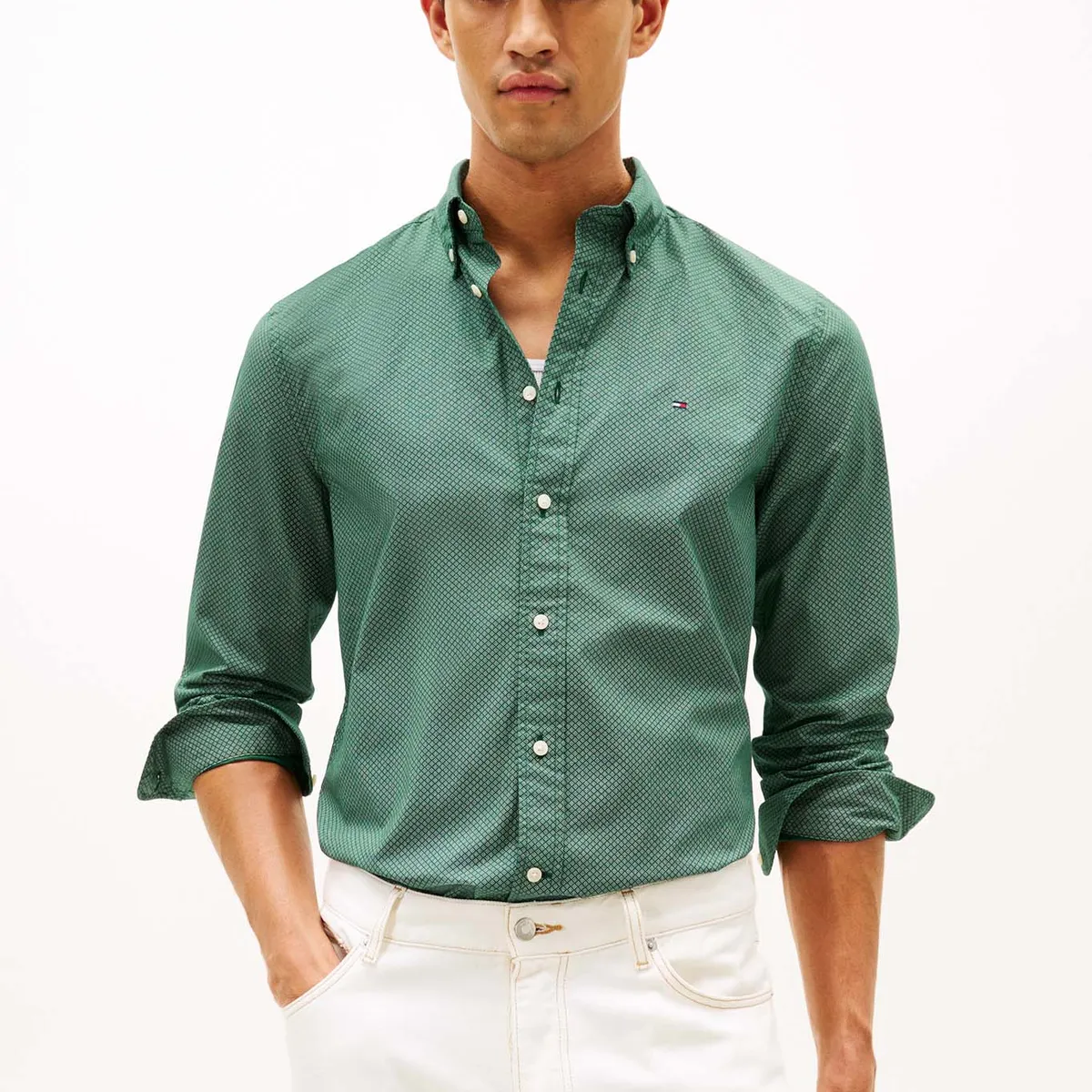 TOMMY HILFIGER - Camisa Flex Poplin Micro Print Regular Fit Verde Tommy Hilfiger