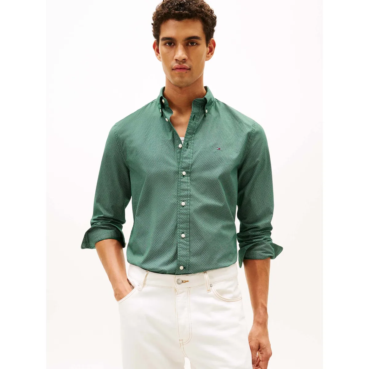 TOMMY HILFIGER - Camisa Flex Poplin Micro Print Regular Fit Verde Tommy Hilfiger