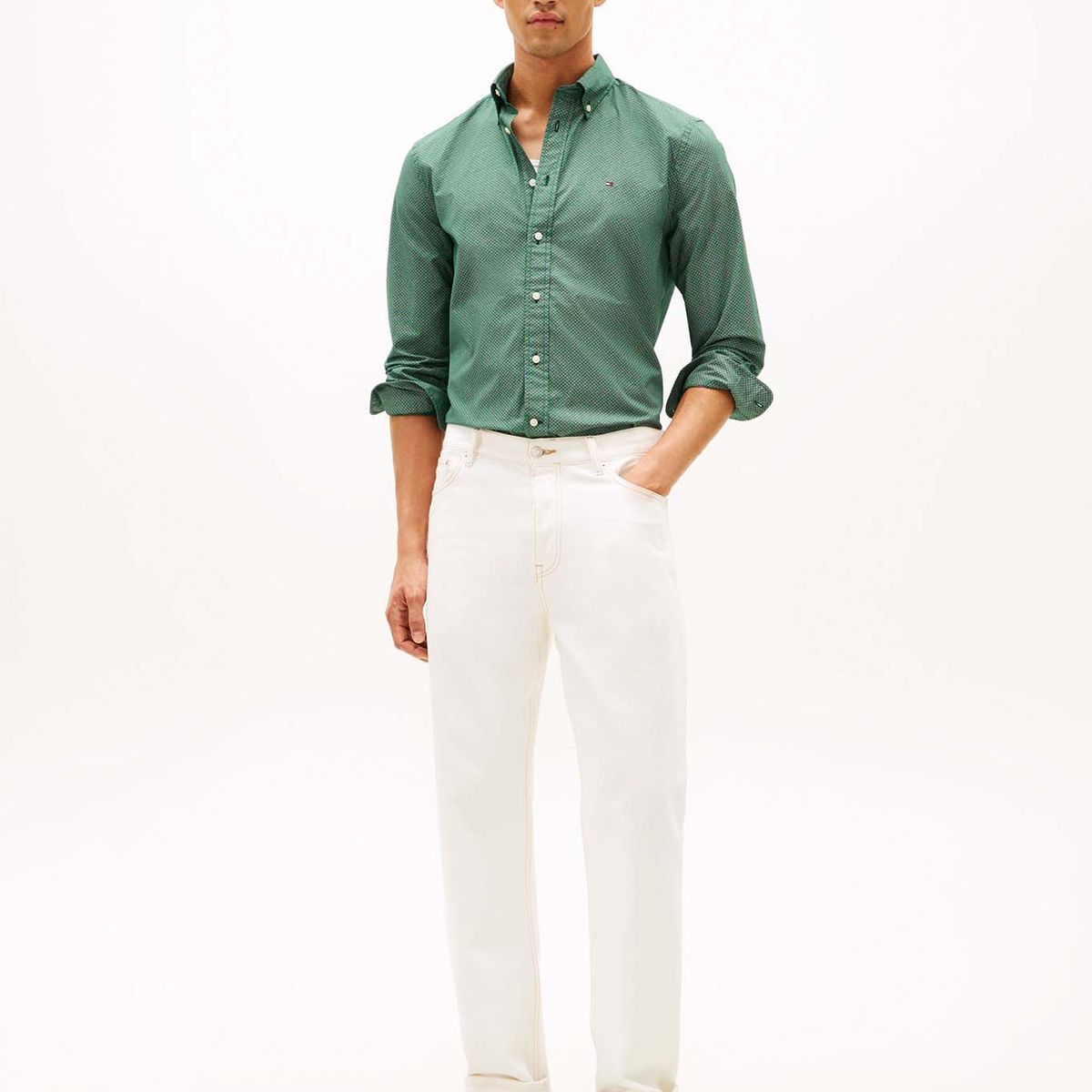 TOMMY HILFIGER - Camisa Flex Poplin Micro Print Regular Fit Verde Tommy Hilfiger