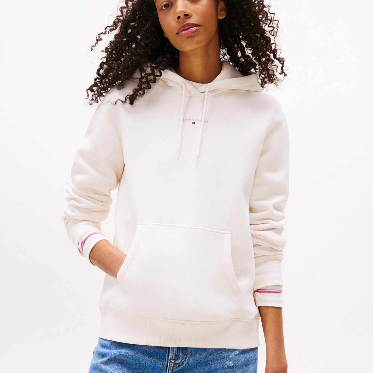 TOMMY HILFIGER - Polerón Hoodie Con Logo Lineal Blanco Tommy Jeans