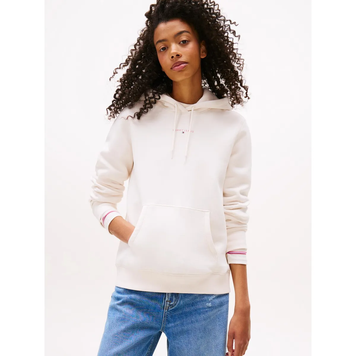 TOMMY HILFIGER - Polerón Hoodie Con Logo Lineal Blanco Tommy Jeans