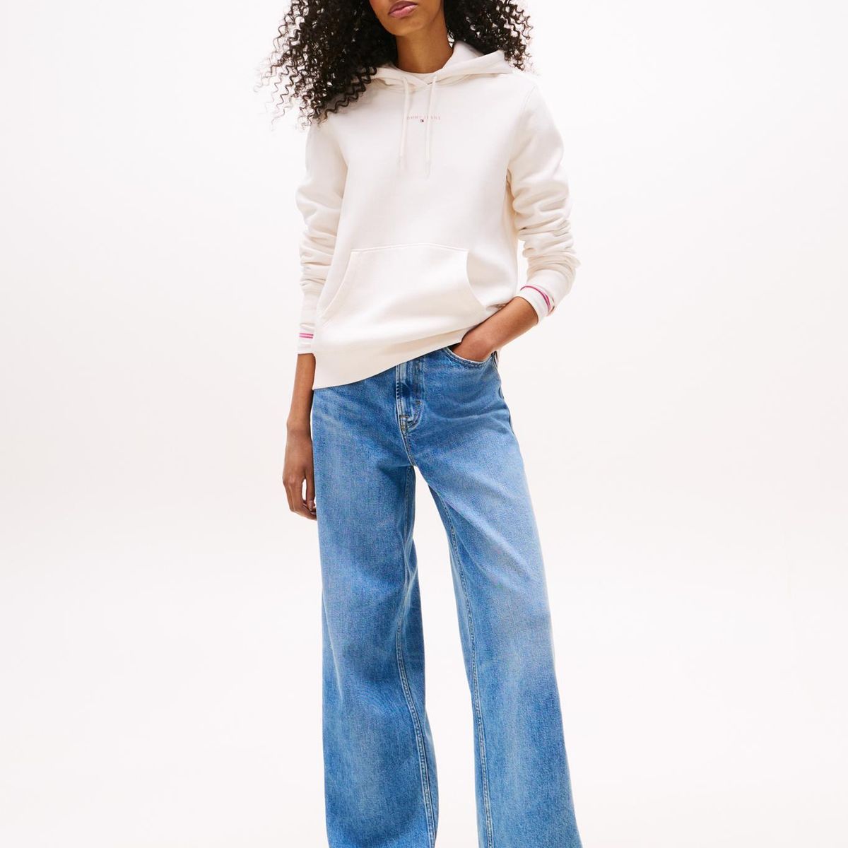 TOMMY HILFIGER - Polerón Hoodie Con Logo Lineal Blanco Tommy Jeans