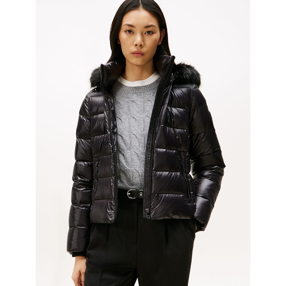 TOMMY HILFIGER - Parka Gloss Con Gorro Slim Fit Negro Tommy Hilfiger