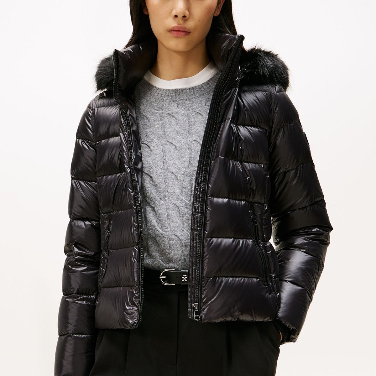 TOMMY HILFIGER - Parka Gloss Con Gorro Slim Fit Negro Tommy Hilfiger