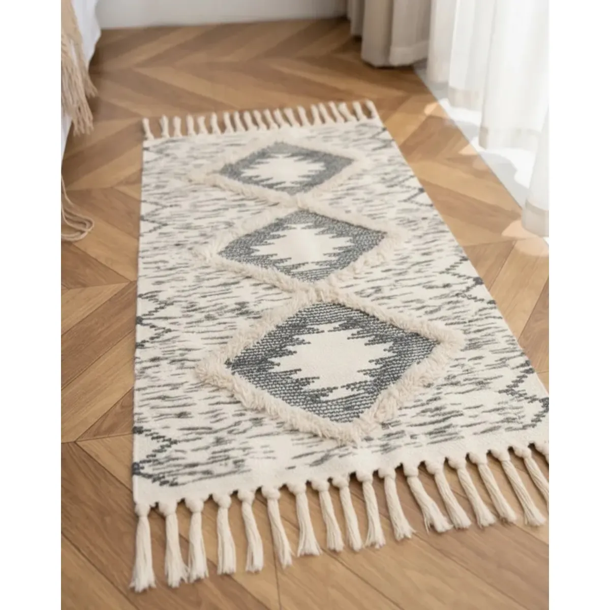 GENERICO - Alfombra de Lino Bajada de Cama estilo Boho medida 60 cm x 90 cm