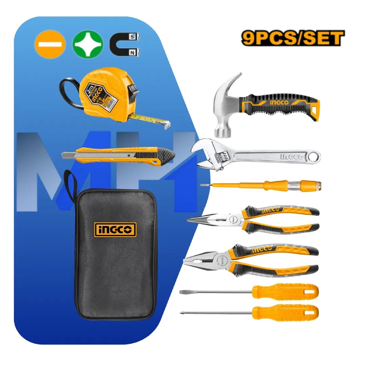 INGCO - Set Herramientas Manuales Ingco De 9 Pzas Con Bolsa De Lona