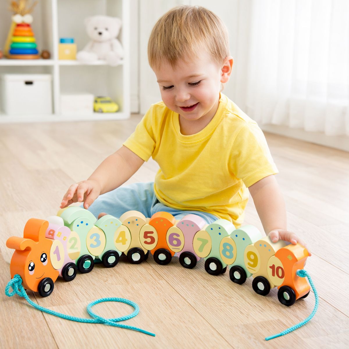 ABC - Tren Oruga de Madera con Números Educativo de Arrastre