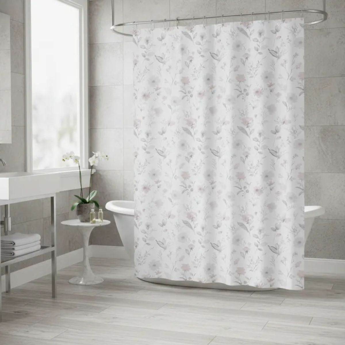 GENERICO - Cortina De Baño Floral Rosa Y Gris 180x180cm