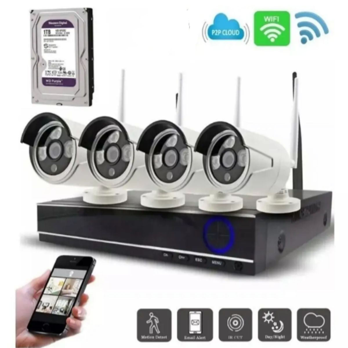 GENERICO - Kit 4 Camara de Seguridad  Inalambricas 2MP con Disco Duro 1 Terabyte 1080P