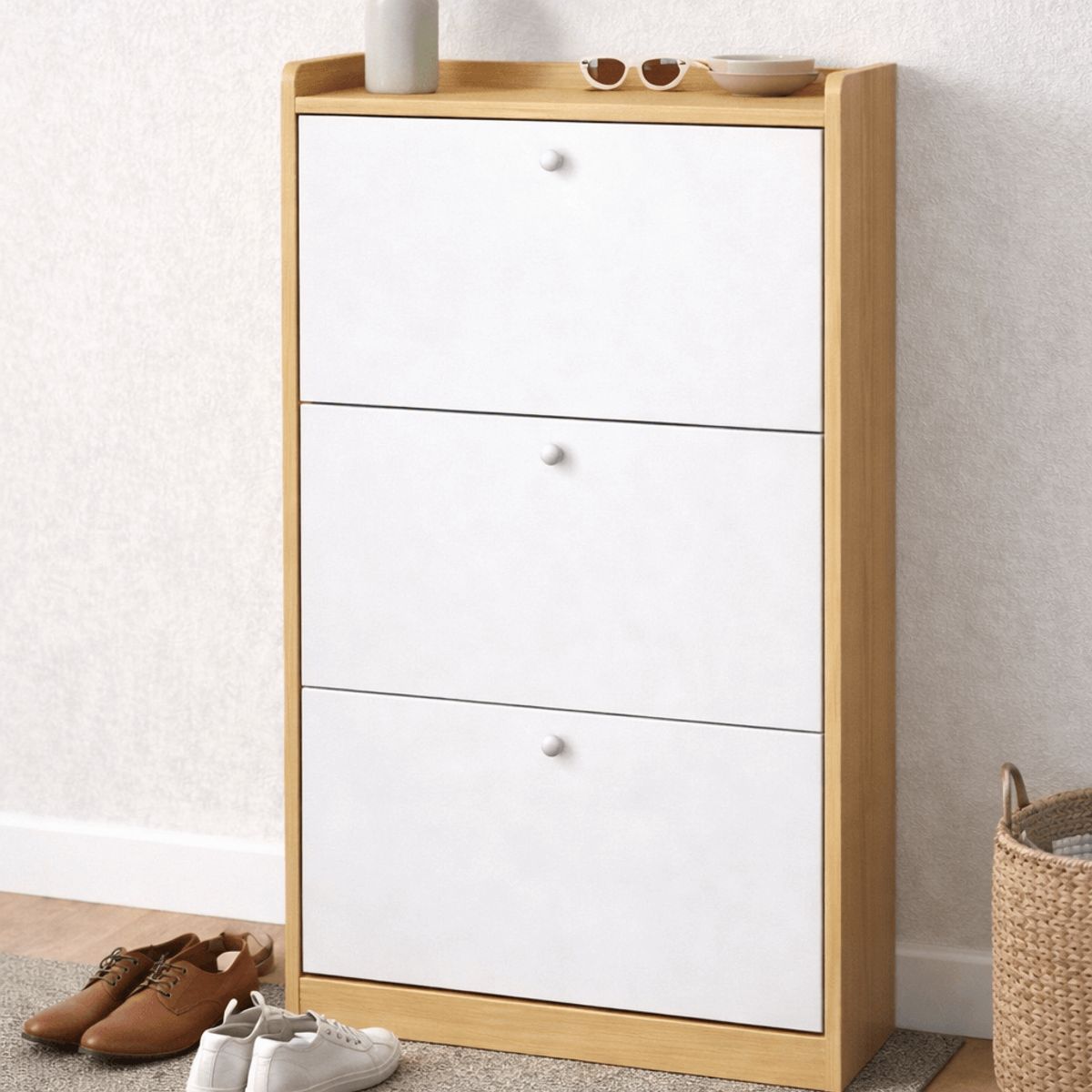 SPACE HOME - Zapatero Compacto Velux Nordic Blanco/Madera 18 Pares MDP 15mm 114×60×24