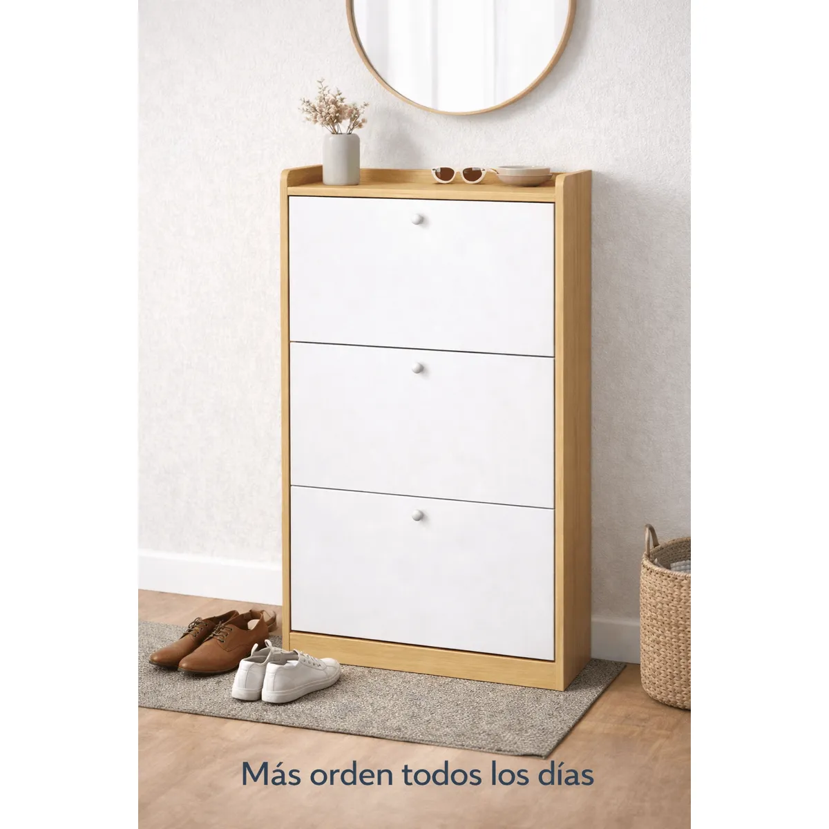 SPACE HOME - Zapatero Compacto Velux Nordic Blanco/Madera 18 Pares MDP 15mm 114×60×24