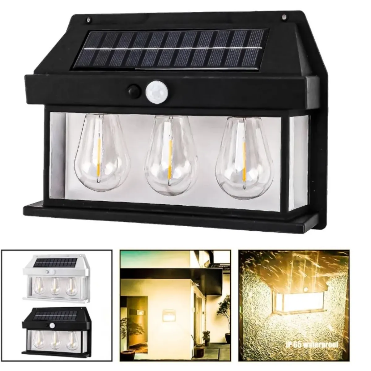GENERICO - Lámpara Solar Exterior con Sensor Movimiento 3 Focos LED 1600 Lúmenes