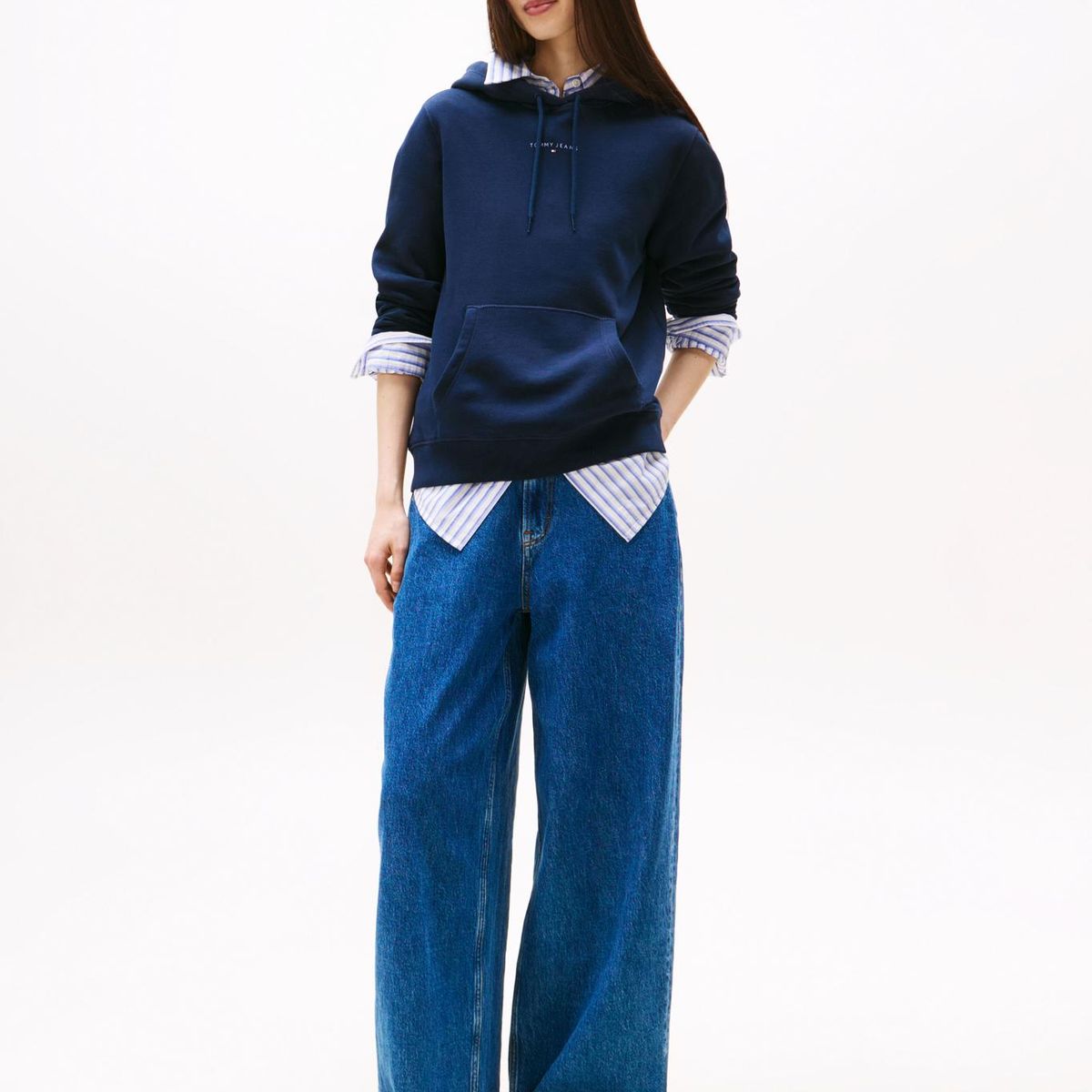 TOMMY HILFIGER - Polerón Hoodie Con Logo Lineal Azul Tommy Jeans