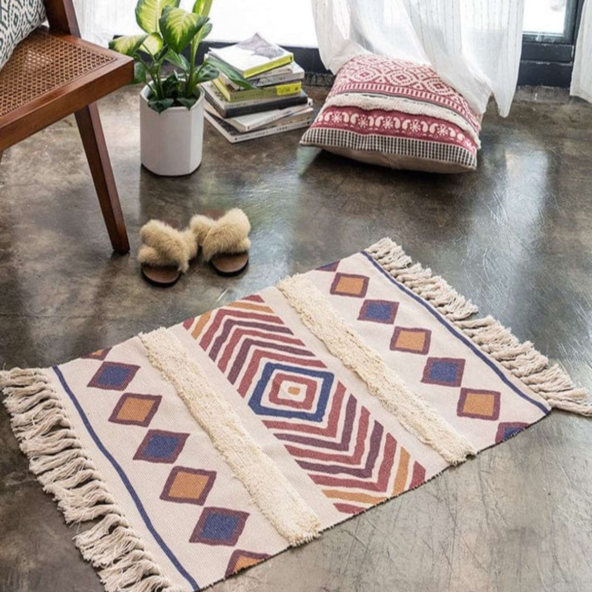 GENERICO - Alfombra de Lino Bajada de Cama estilo Boho medida 60 cm x 90 cm.