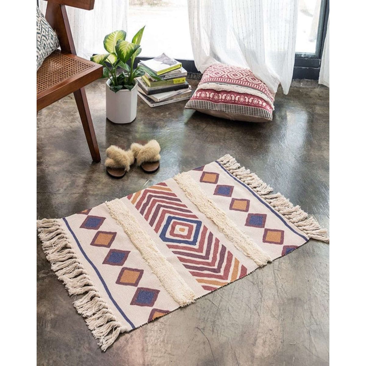 GENERICO - Alfombra de Lino Bajada de Cama estilo Boho medida 60 cm x 90 cm.