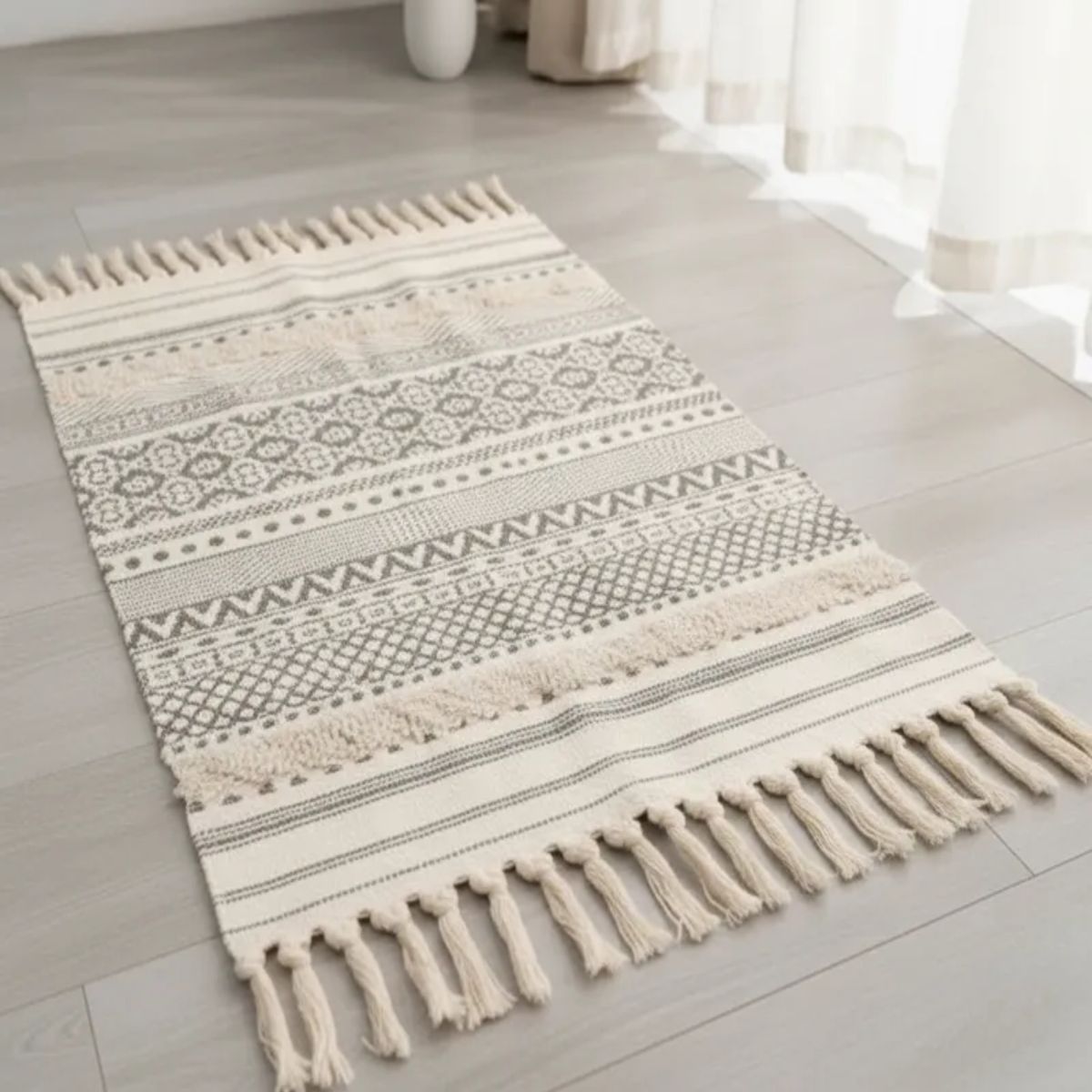 GENERICO - Alfombra de Lino Bajada de Cama estilo Boho medida 60 cm x 90 cm