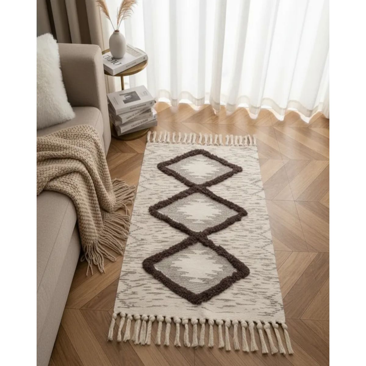 GENERICO - Pack de 2 Alfombra de Lino Bajada de Cama estilo Boho medida 60 cm x 90 cm