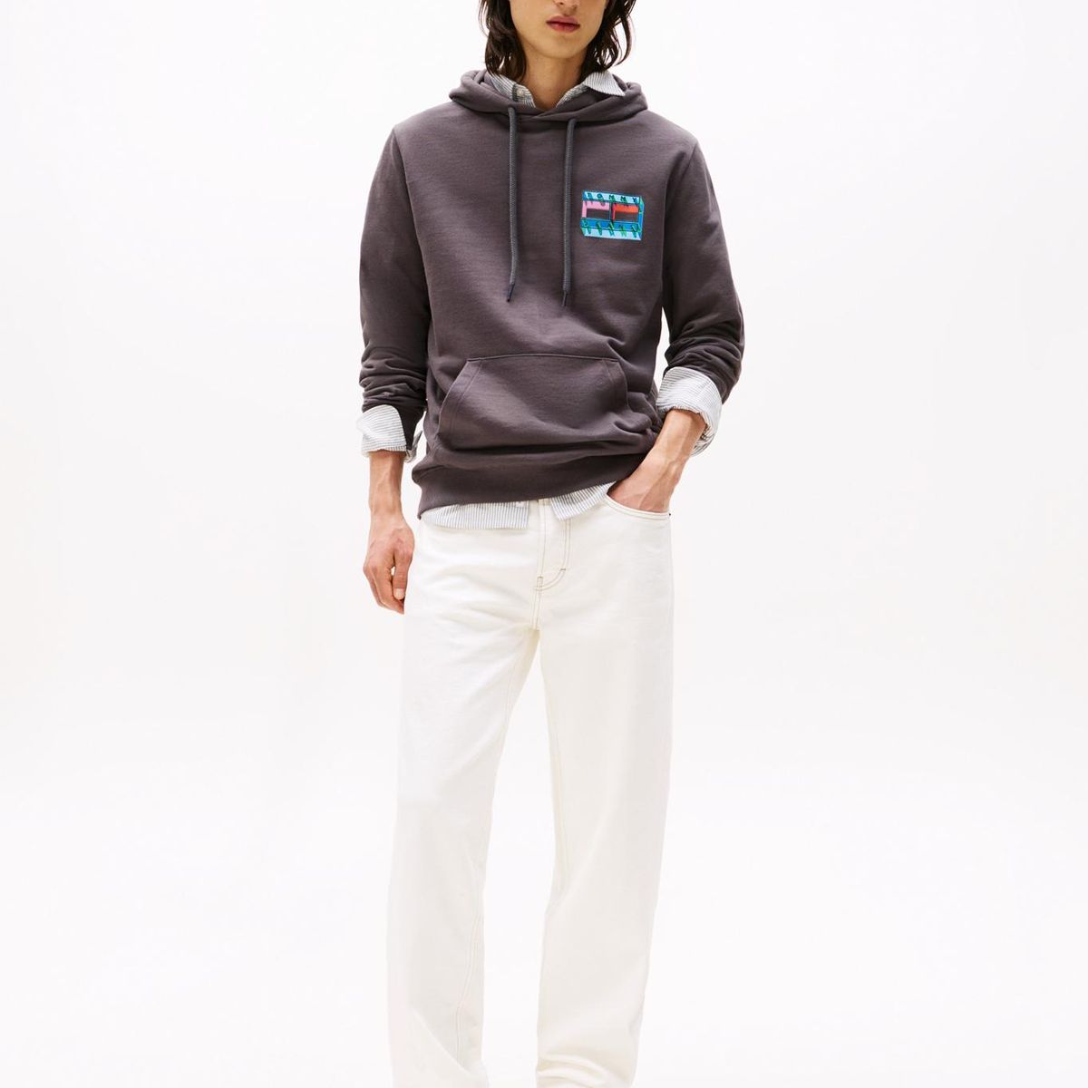 TOMMY HILFIGER - Polerón Hoodie Flag Con Logo Gráfico Gris Tommy Jeans