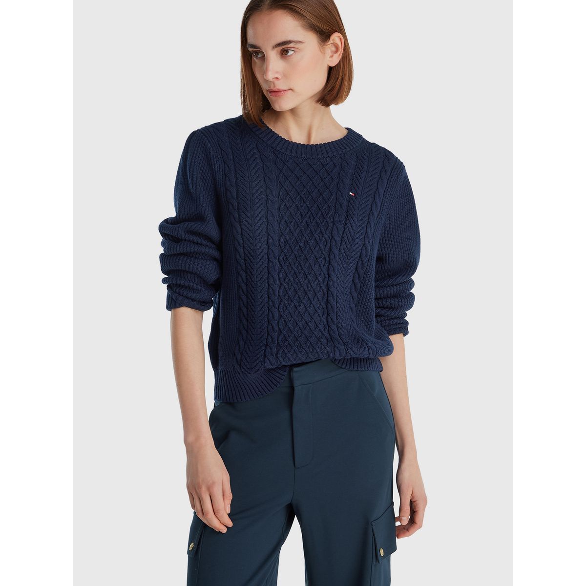 TOMMY HILFIGER - Sweater Tejido Cable Con Logo Azul Tommy Hilfiger