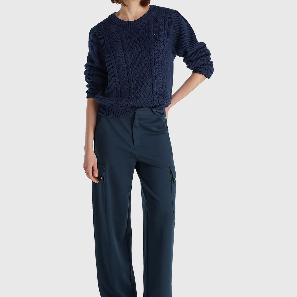 TOMMY HILFIGER - Sweater Tejido Cable Con Logo Azul Tommy Hilfiger