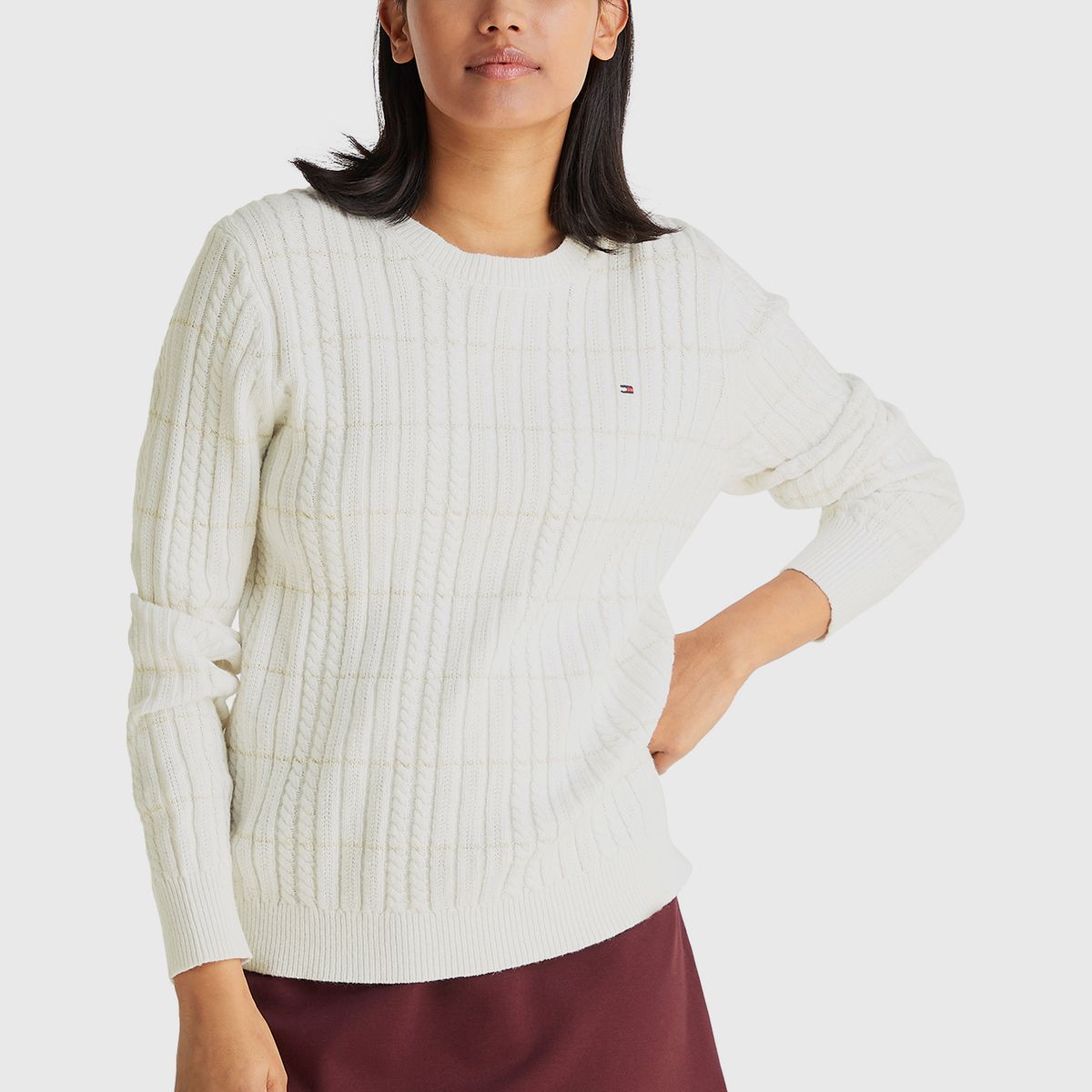 TOMMY HILFIGER - Sweater Tejido De Cable Trenzado Blanco Tommy Hilfiger