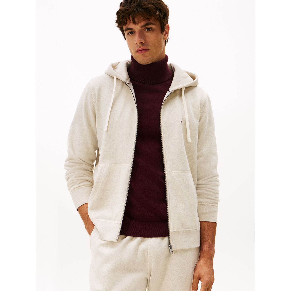 TOMMY HILFIGER - Polerón Hoodie Essential Con Cierre Beige Tommy Hilfiger