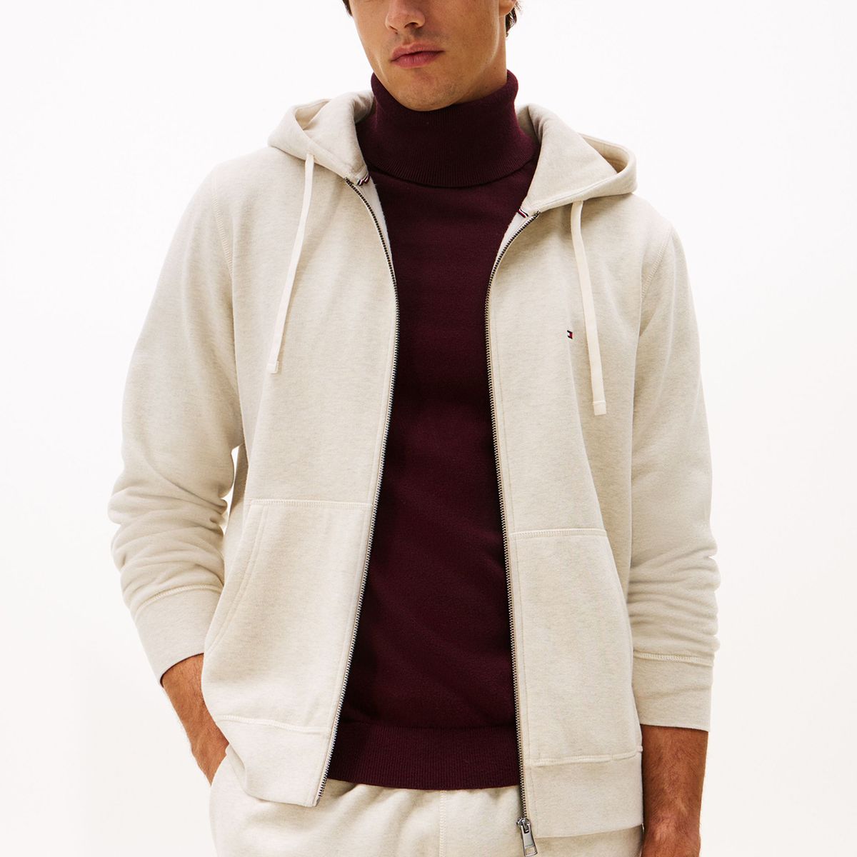 TOMMY HILFIGER - Polerón Hoodie Essential Con Cierre Beige Tommy Hilfiger
