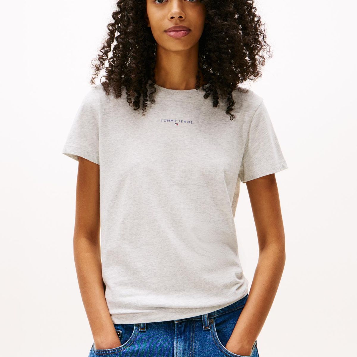 TOMMY HILFIGER - Polera Regular Fit Logo Lineal Gris Tommy Jeans