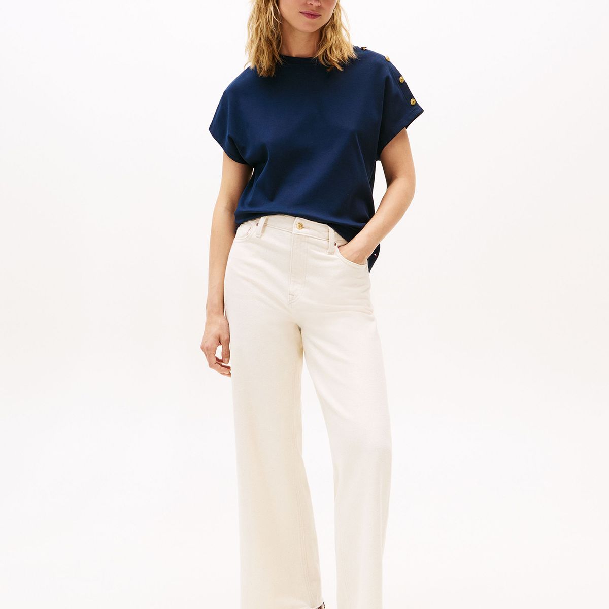 TOMMY HILFIGER - Polera Solid Gold Button Azul Tommy Hilfiger