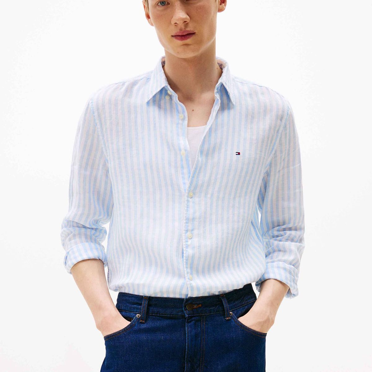 TOMMY HILFIGER - Camisa Linen Stripe Regular Fit Celeste Tommy Hilfiger