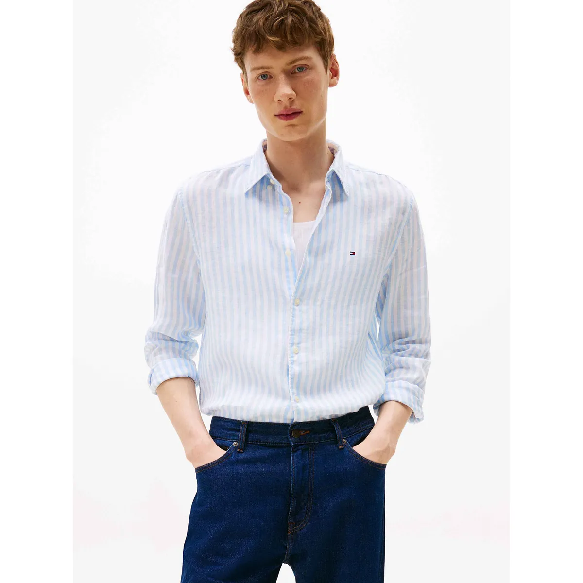 TOMMY HILFIGER - Camisa Linen Stripe Regular Fit Celeste Tommy Hilfiger