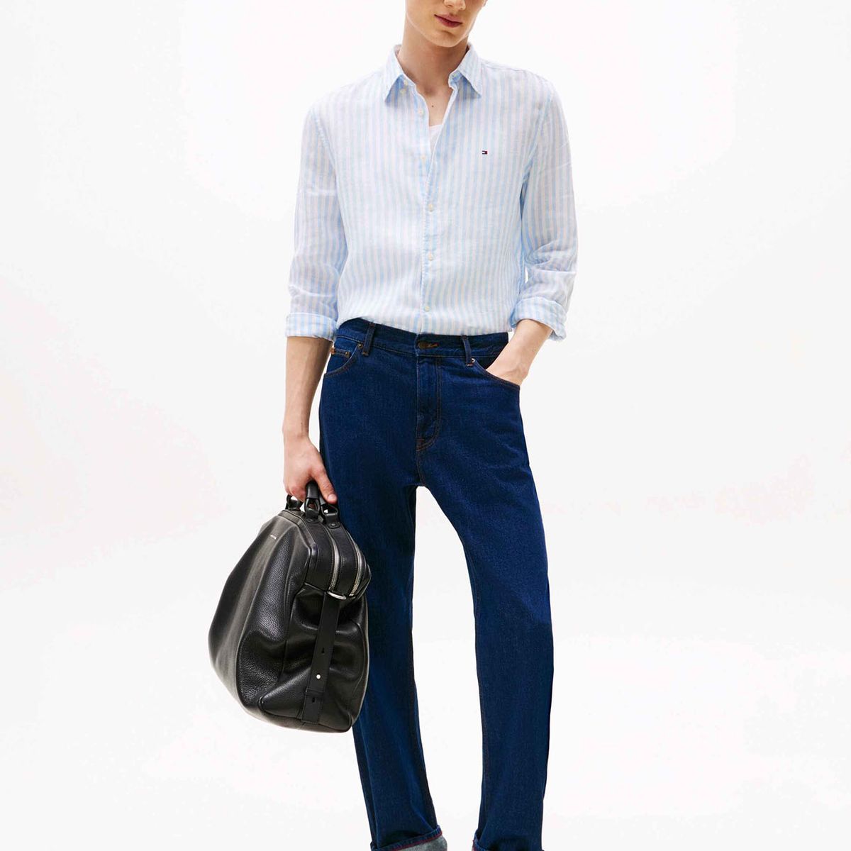TOMMY HILFIGER - Camisa Linen Stripe Regular Fit Celeste Tommy Hilfiger