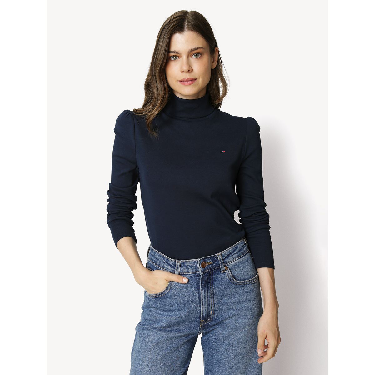 TOMMY HILFIGER - Polera De Cuello Alto Essential Azul Tommy Hilfiger