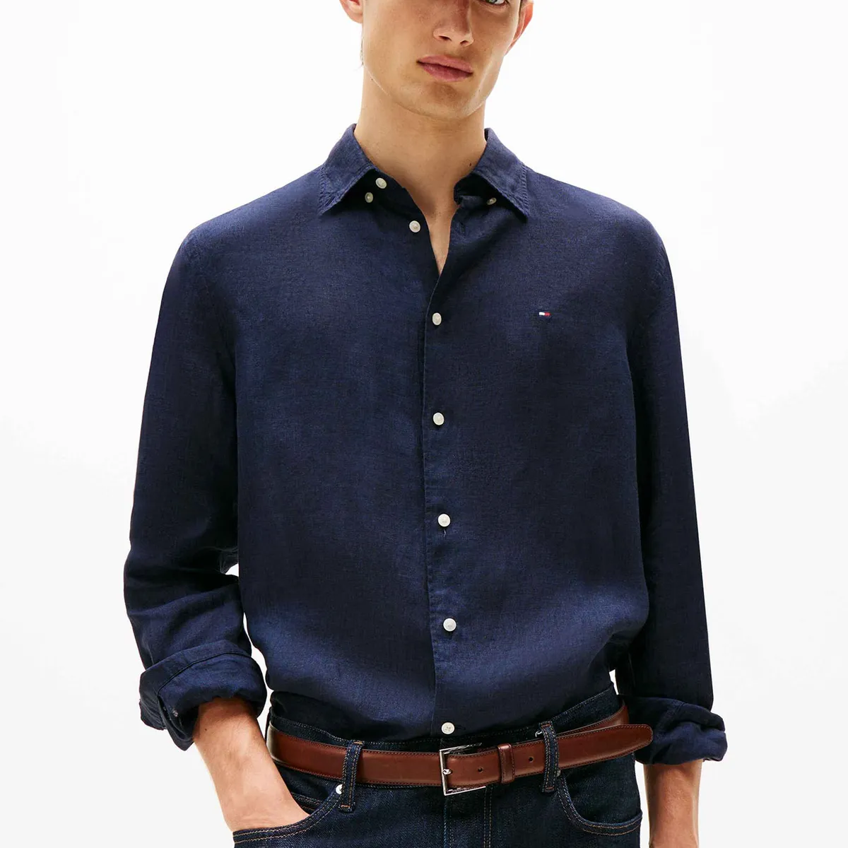 TOMMY HILFIGER - Camisa Solid Regular Fit Con Logo Azul Tommy Hilfiger