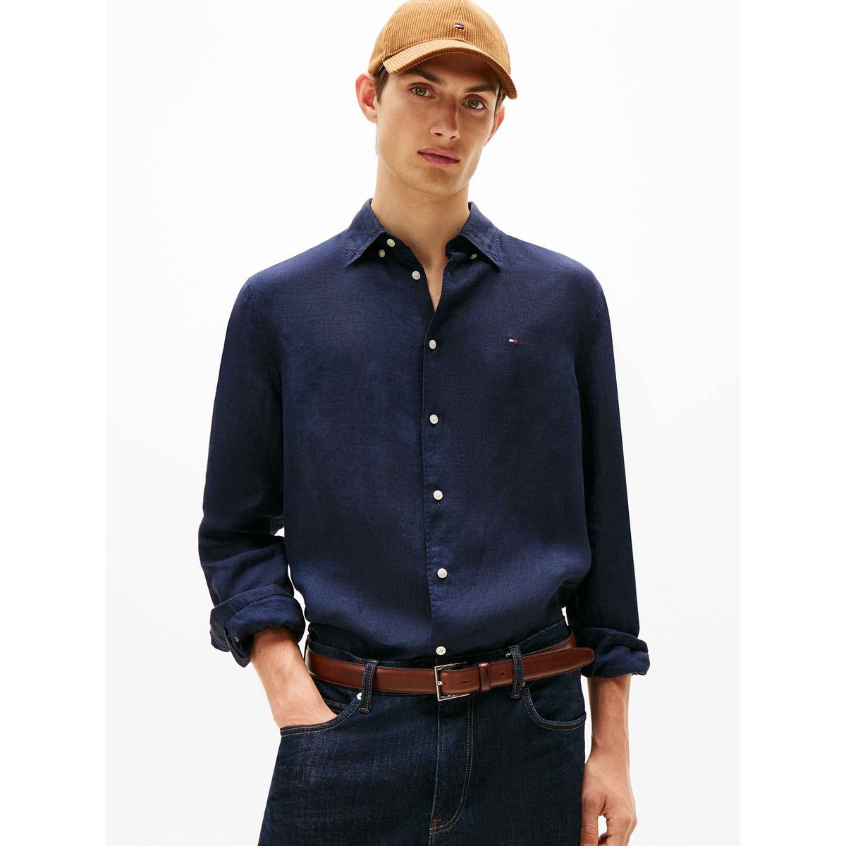 TOMMY HILFIGER - Camisa Solid Regular Fit Con Logo Azul Tommy Hilfiger
