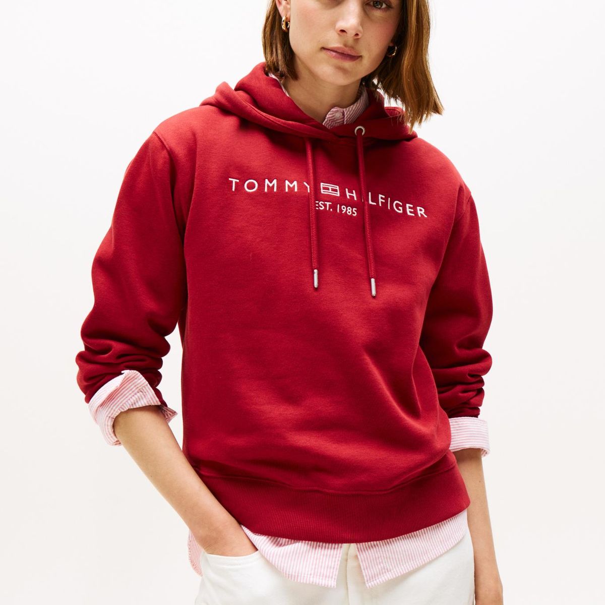 TOMMY HILFIGER - Polerón Hoodie Con Logo Bordado Rojo Tommy Hilfiger