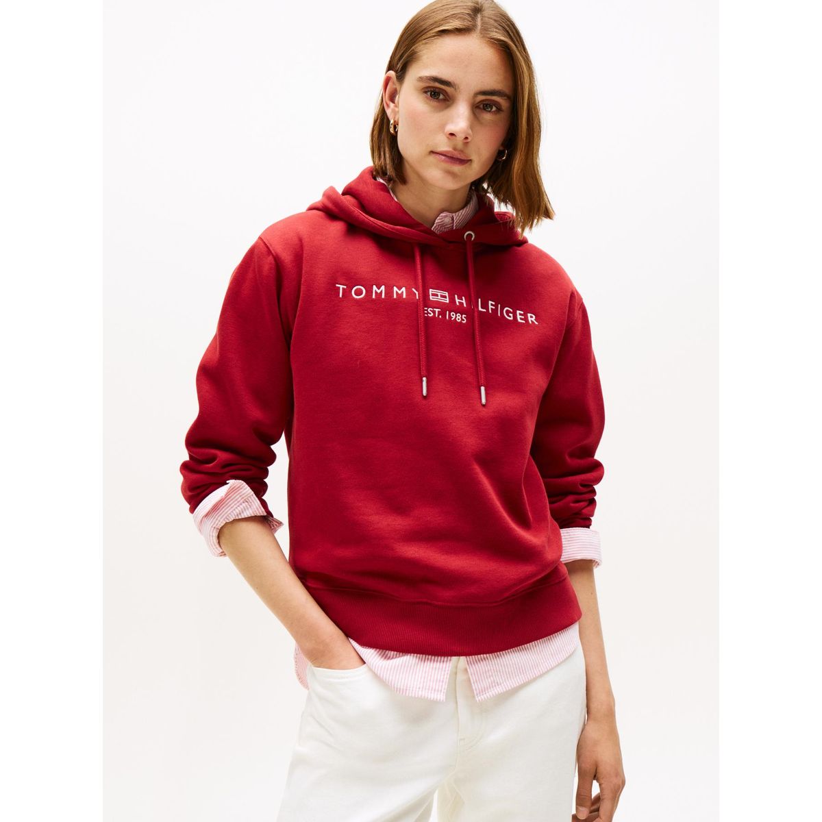 TOMMY HILFIGER - Polerón Hoodie Con Logo Bordado Rojo Tommy Hilfiger
