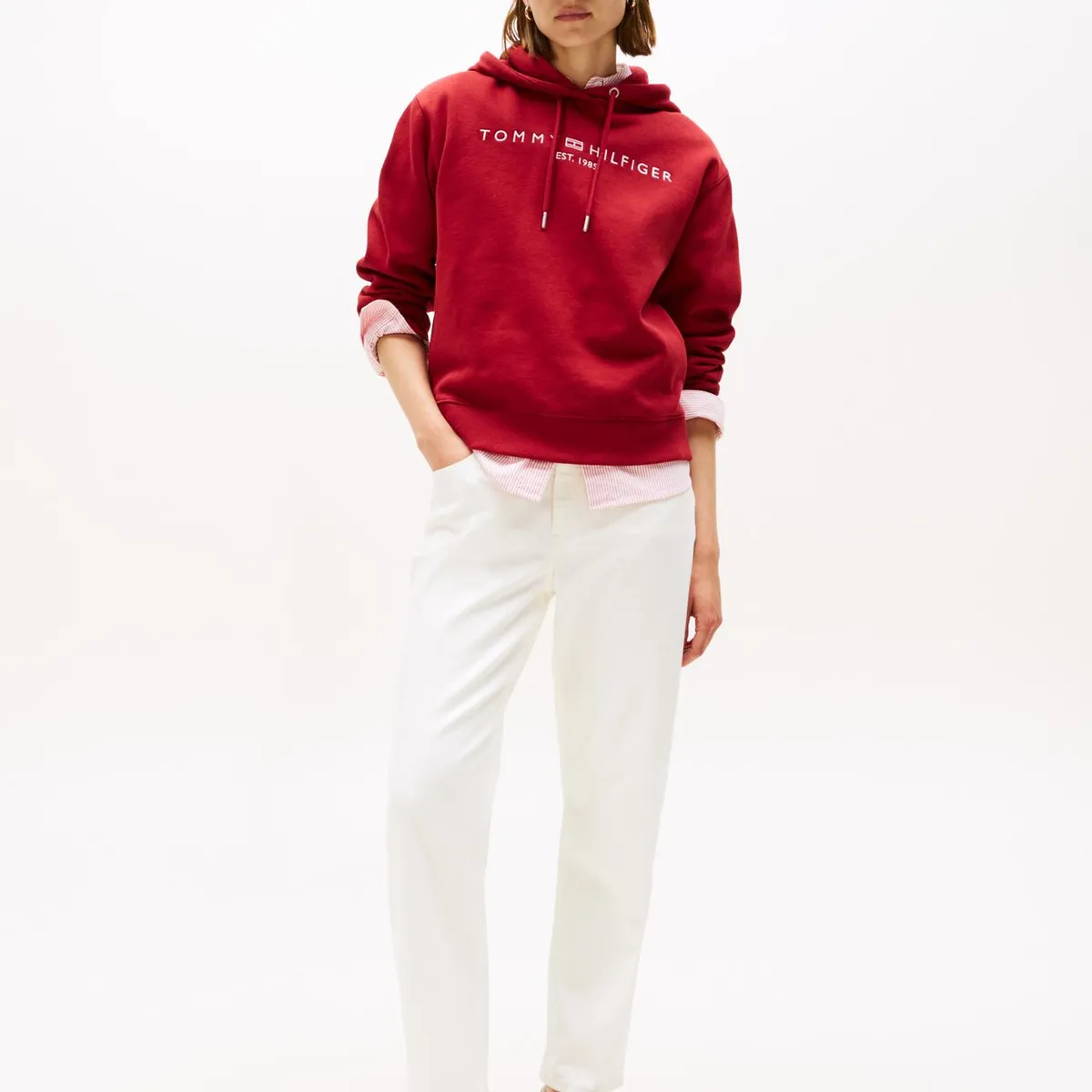 TOMMY HILFIGER - Polerón Hoodie Con Logo Bordado Rojo Tommy Hilfiger