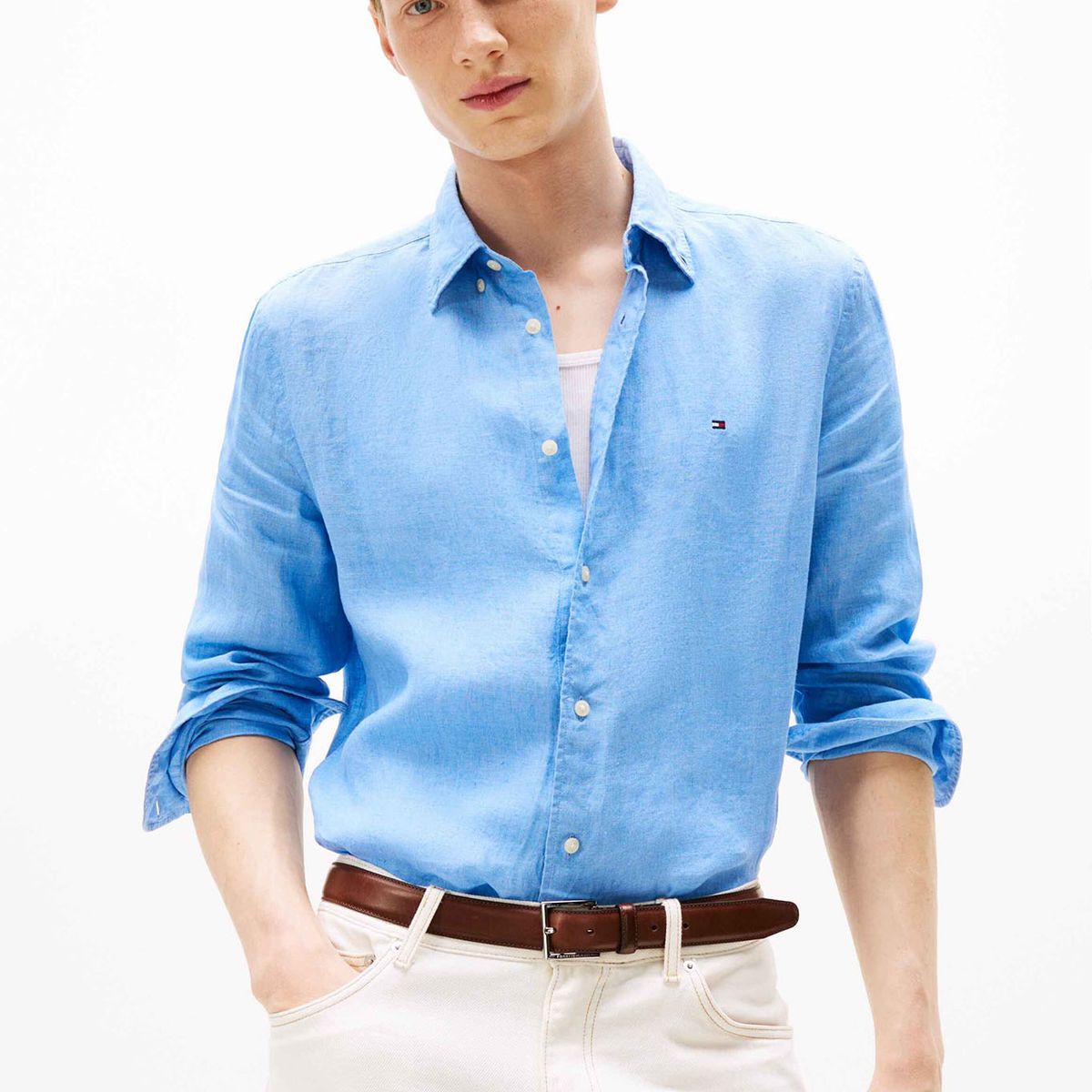 TOMMY HILFIGER - Camisa Solid Regular Fit Con Logo Celeste Tommy Hilfiger