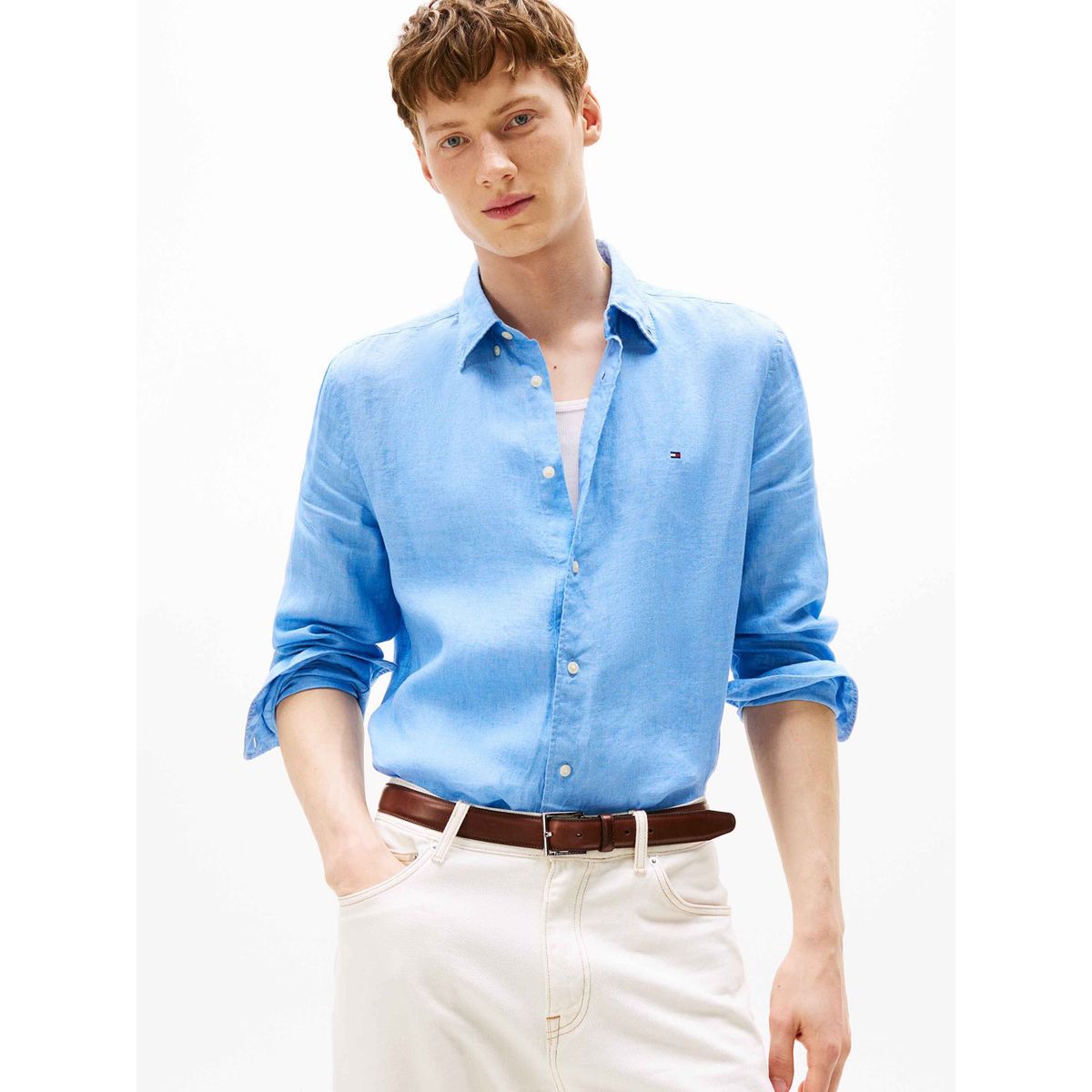 TOMMY HILFIGER - Camisa Solid Regular Fit Con Logo Celeste Tommy Hilfiger