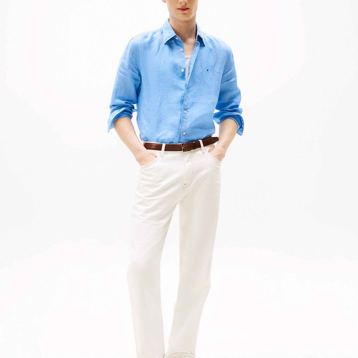 TOMMY HILFIGER - Camisa Solid Regular Fit Con Logo Celeste Tommy Hilfiger