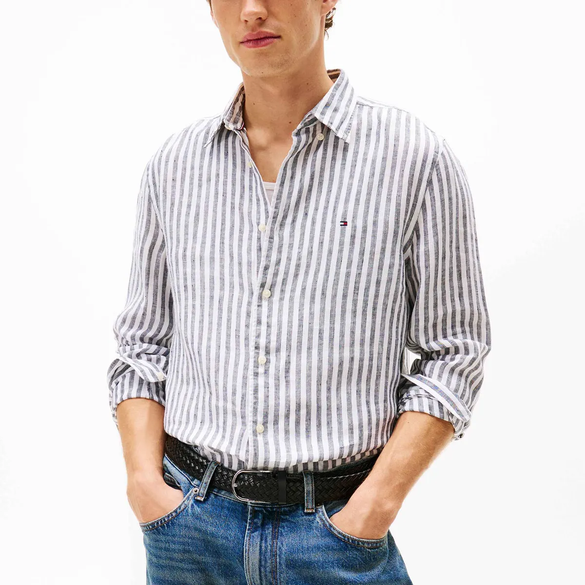 TOMMY HILFIGER - Camisa Linen Stripe Regular Fit Gris Tommy Hilfiger