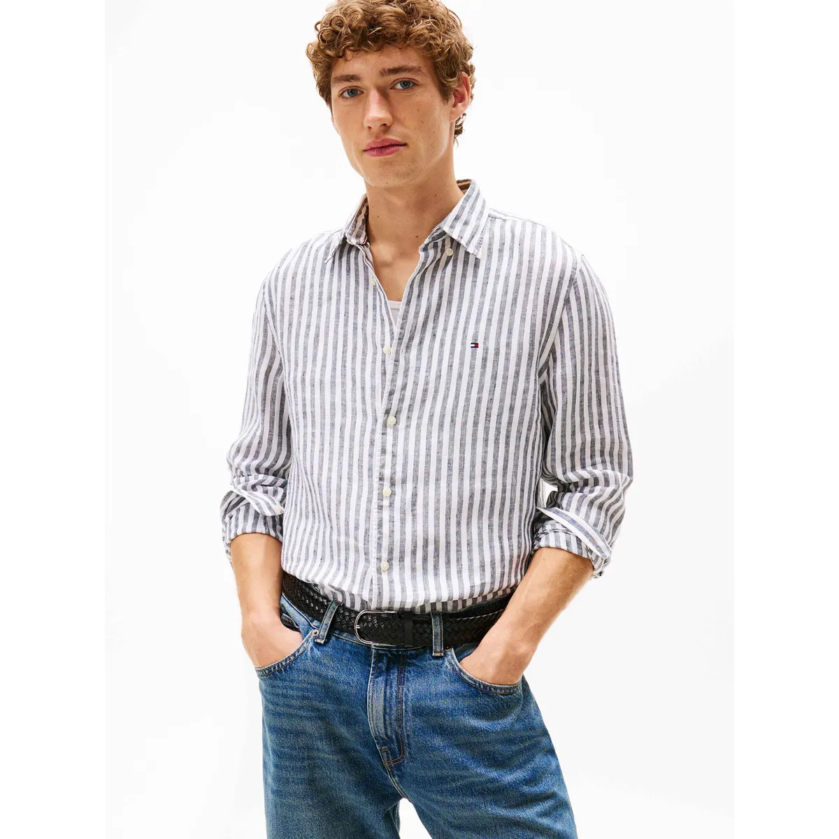 TOMMY HILFIGER - Camisa Linen Stripe Regular Fit Gris Tommy Hilfiger