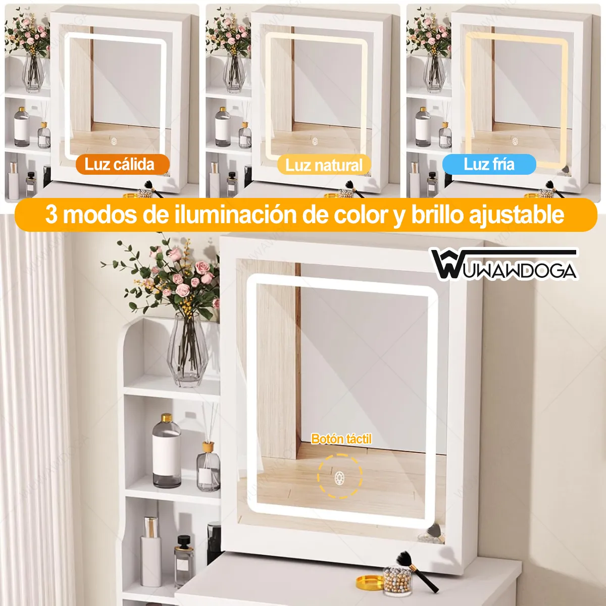 UENMI - Tocador Moderno Y Sencillo Con Espejo LED Estantes Múltiples