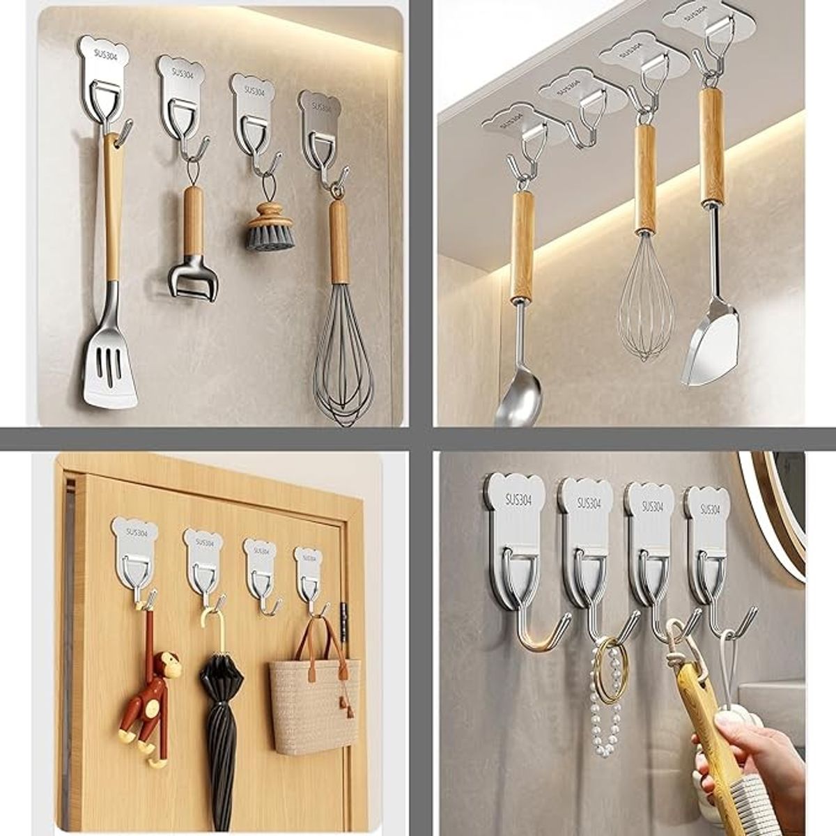 KUANGYE - Ganchos Adhesivos Acero Inoxidable Pack 20 Para Baño Cocina Plateado