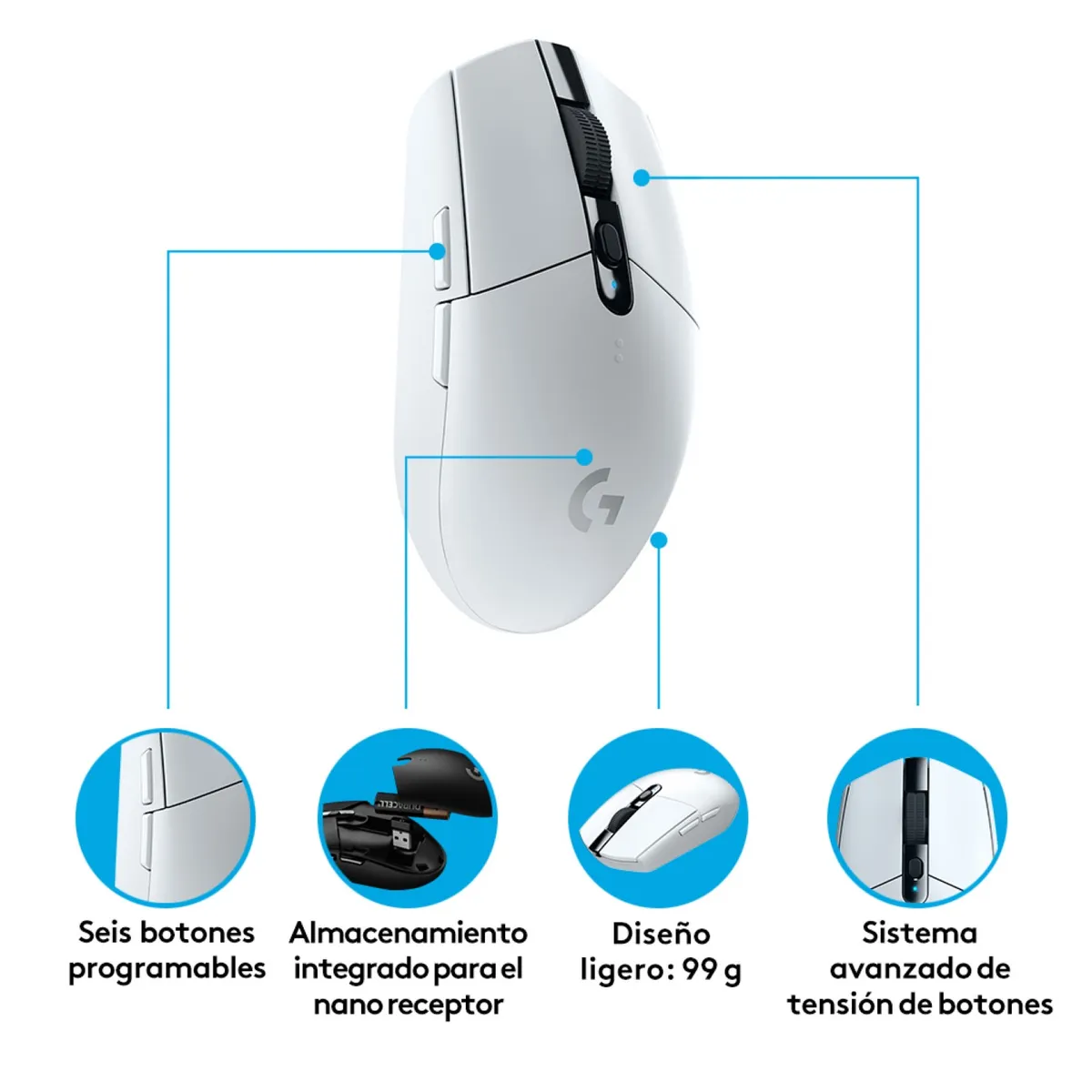 LOGITECH - Mouse Gamer Logitech Inalambrico G305 Blanco 12k dpi