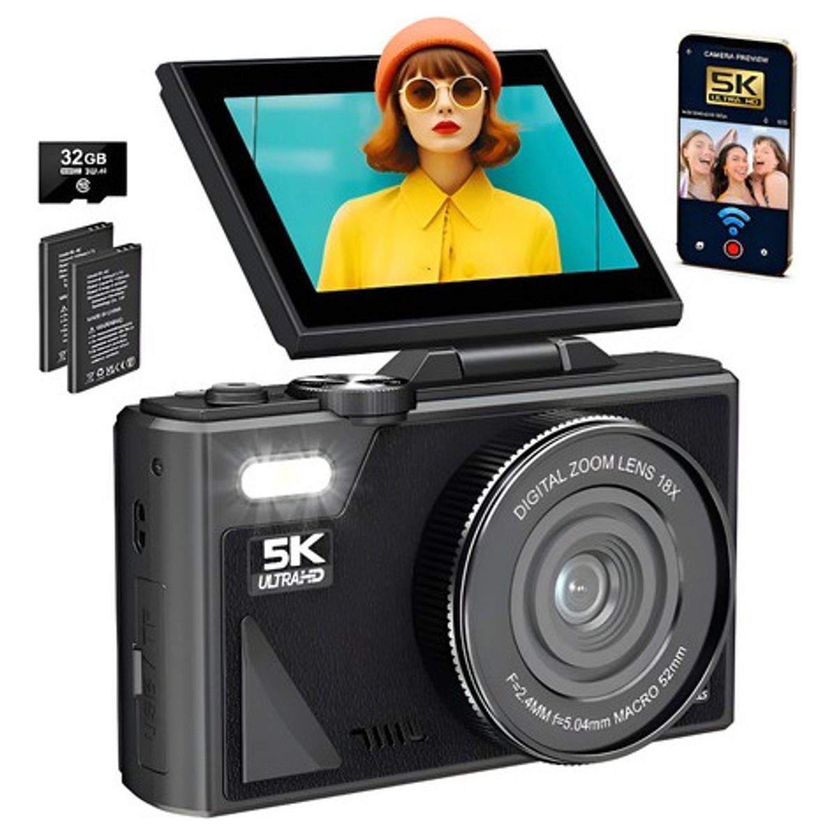 METEX - Cámara Digital 5k 64mp Cámara Vlog Con Tarjeta Sd Y 2 Pzs
