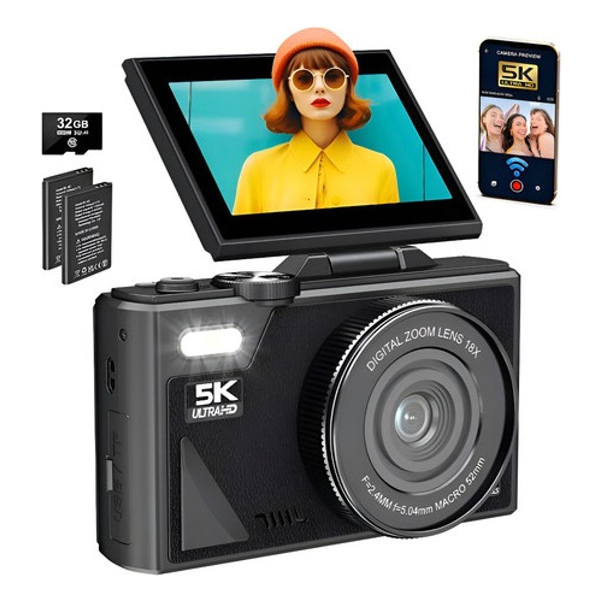 METEX - Cámara Digital 5k 64mp Cámara Vlog Con Tarjeta Sd Y 2 Pzs