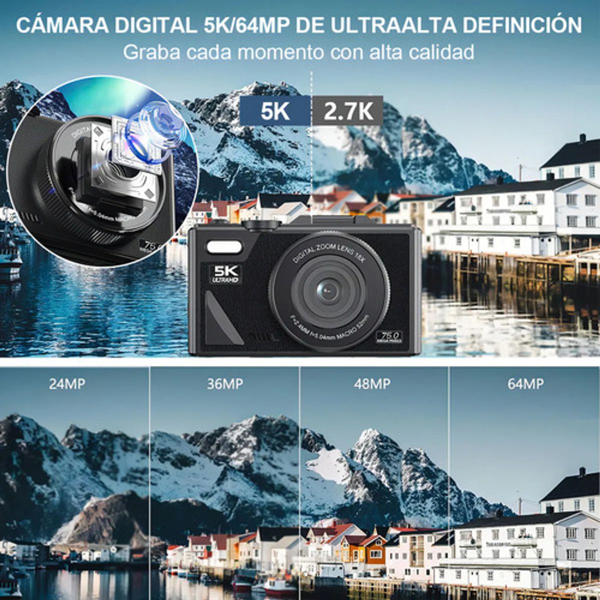 METEX - Cámara Digital 5k 64mp Cámara Vlog Con Tarjeta Sd Y 2 Pzs